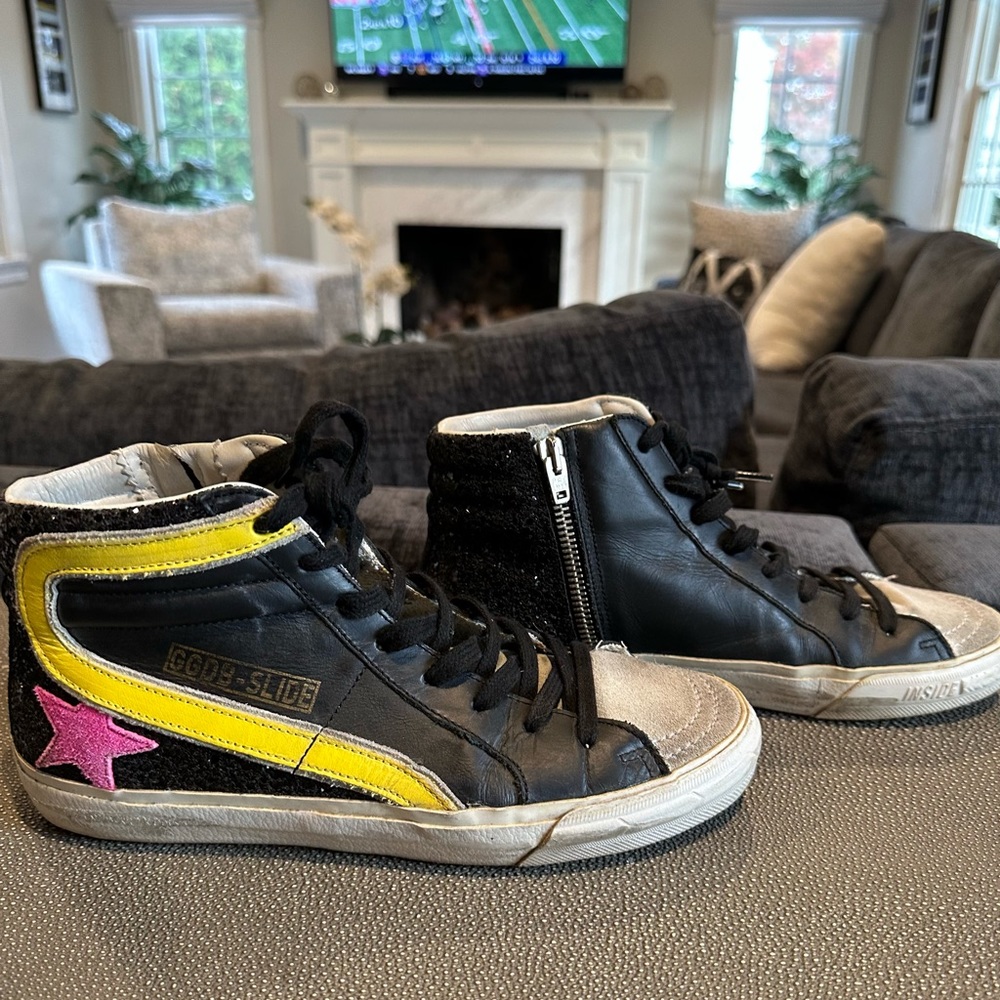 GOLDEN GOOSE  SLIDE Black Leather Sneakers with glitter Crystal to the back.s37